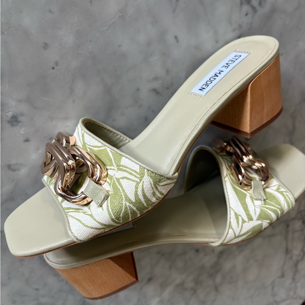 Steve Madden Green and White Sandals with Chunky Wooden Heel